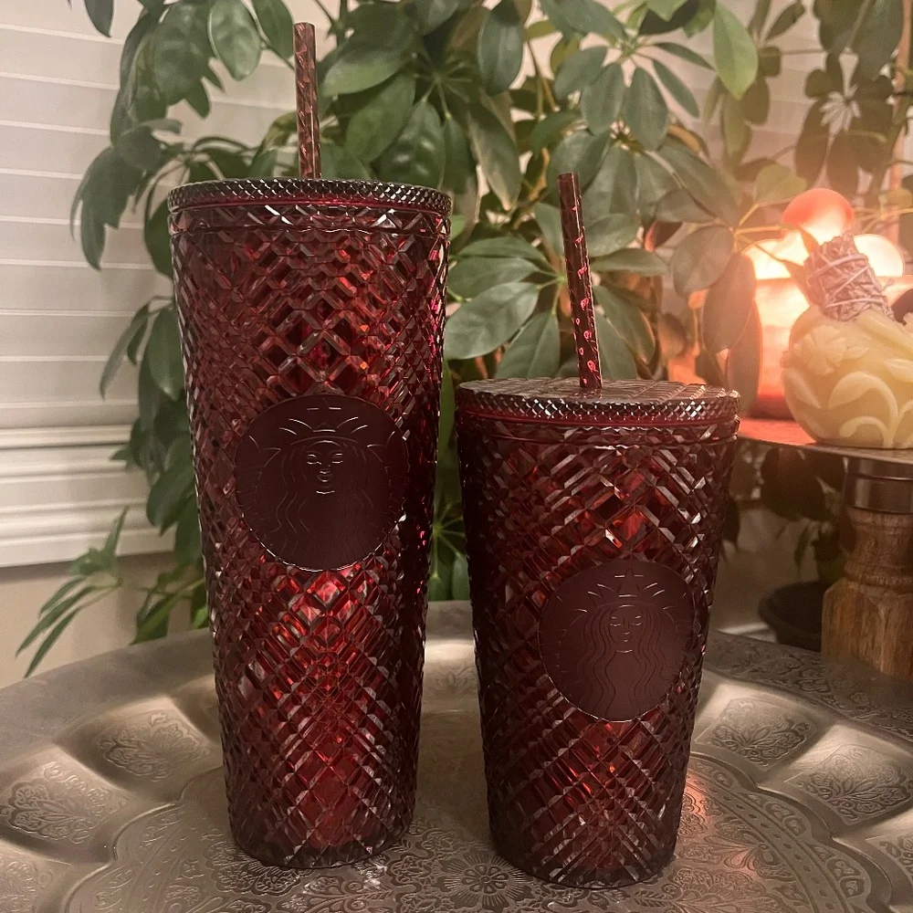 SET OF TWO NWT STARBUCKS 2022 SANGRIA RED 16 oz AND 24 oz Jeweled Tumblers